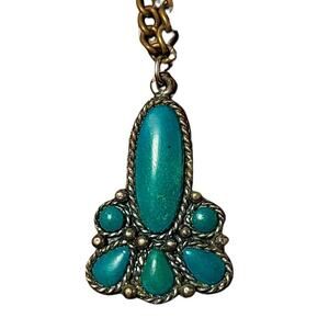 Vintage Sancrest Necklace Faux Turquoise Silver Tone Sacred Symbol